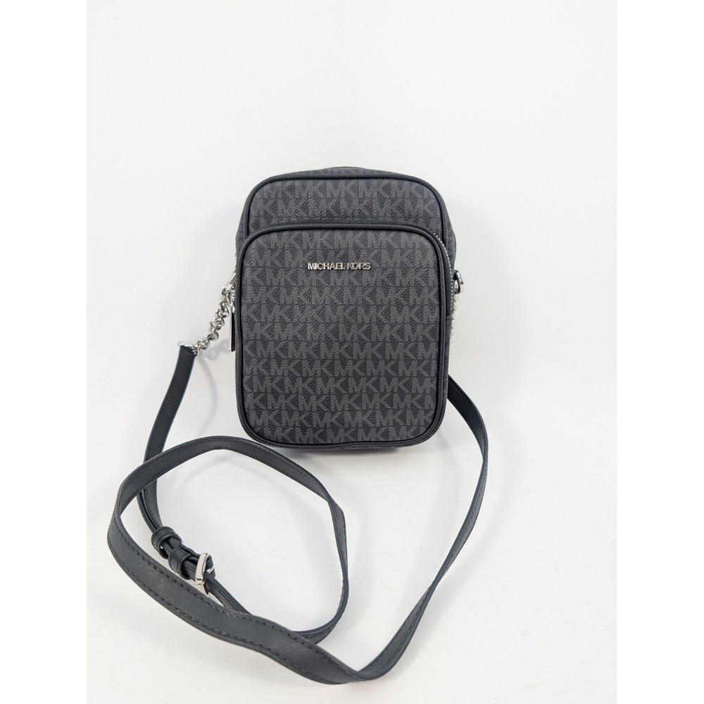 Michael Kors Jet Set Flight Bag Black Monogram Logo Crossbody Silver Hardware